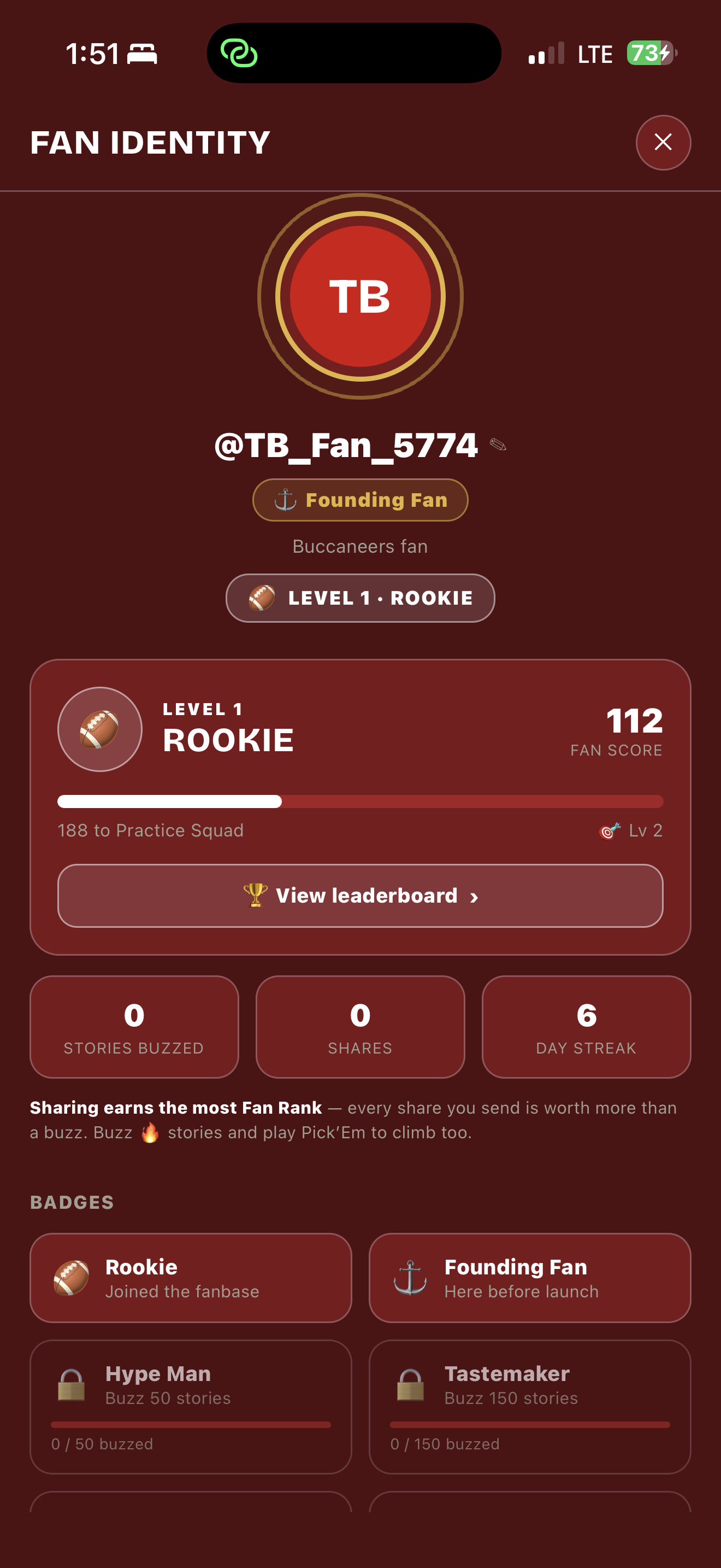 Vurvo Fan Identity: your Fan Rank, Founding Fan badge and earned badges.