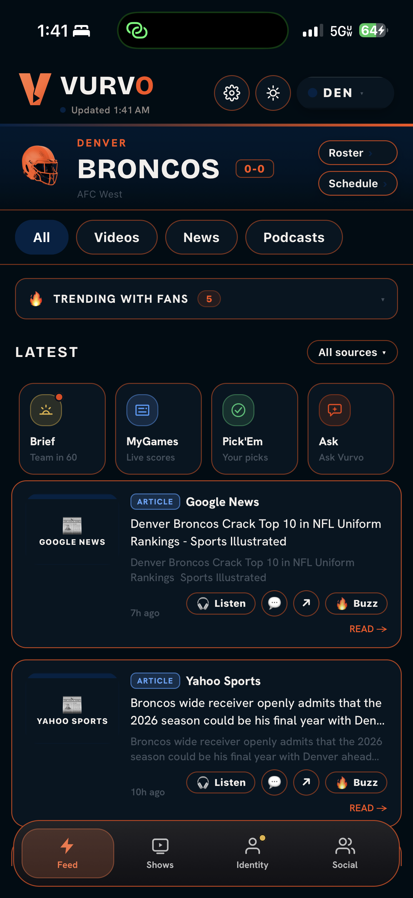 The Vurvo feed for Denver Broncos fans: videos, articles and podcasts in one scroll, in Broncos orange.