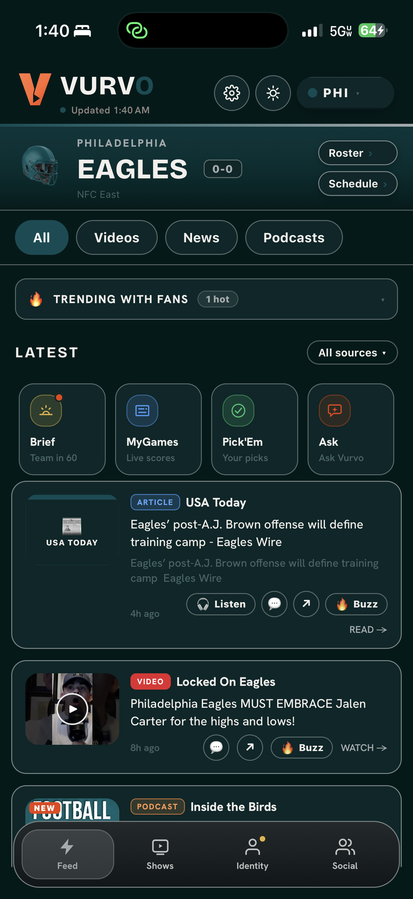 The same Vurvo feed re-skinned for Philadelphia Eagles fans, in midnight green.