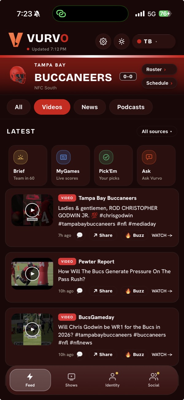 The Vurvo app showing the Tampa Bay Buccaneers feed: team band, filters, and the latest videos